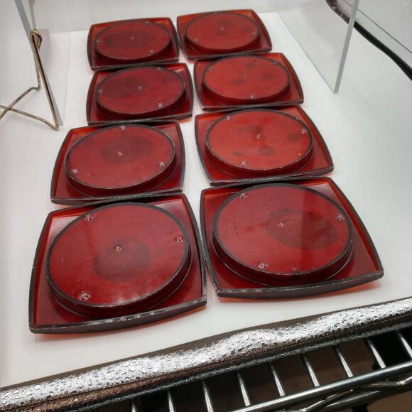 MCM Vintage Coasters set of 8 W/Metal Stand Plastic Amber with Cream Center - Picture 5 of 14